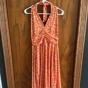 Floral Halter Neck Orange Dress Women Flowers